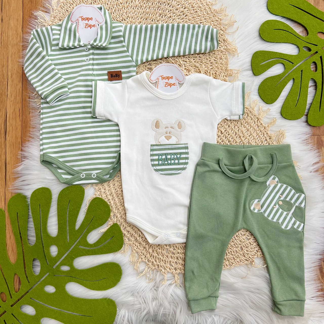 Conj. de Malha 3 peças - Bear Baby Listrado - Verde e Off White